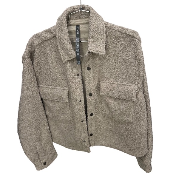 Vuori Sherpa Fleece Cropped Trucker Jacket Beige Womens Size Large NWT - Picture 3 of 3